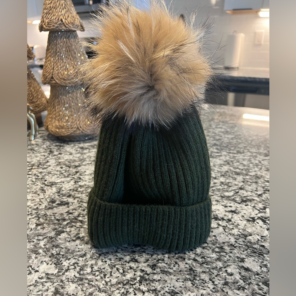 Green Linda Richards Angora/Wool Hat with Fur Pom